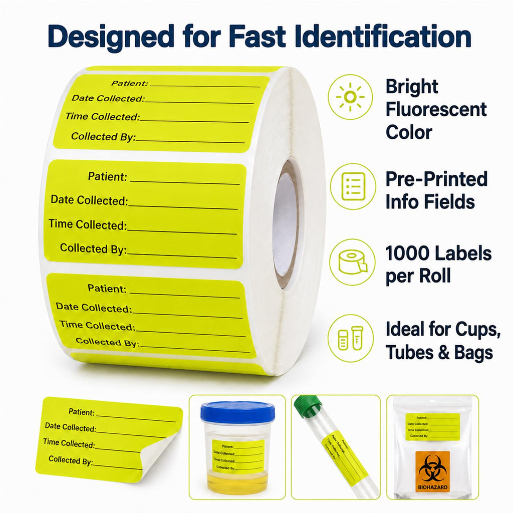 1000 PCS Specimen Collection Label 2"x1" Self-Adhesive Vinyl Yellow