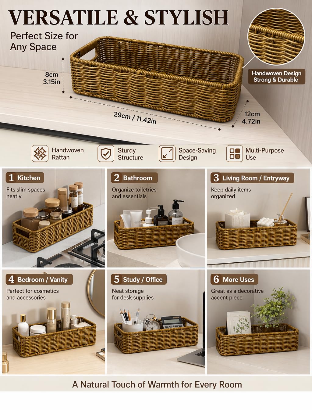 Rectangular Handwoven PVP Rattan Storage Basket with Handles