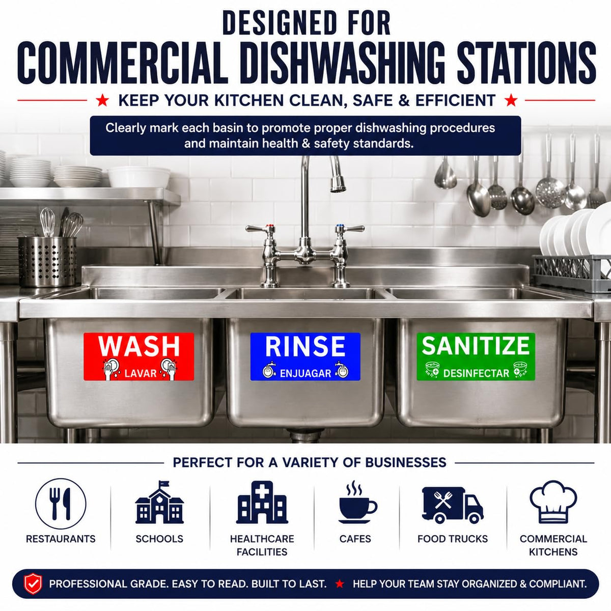Wash Rinse Sanitize Sink Labels, Commercial Stickers for Triple Sink, Set of 3 Stickers, 7x3 Inches, 1 Set