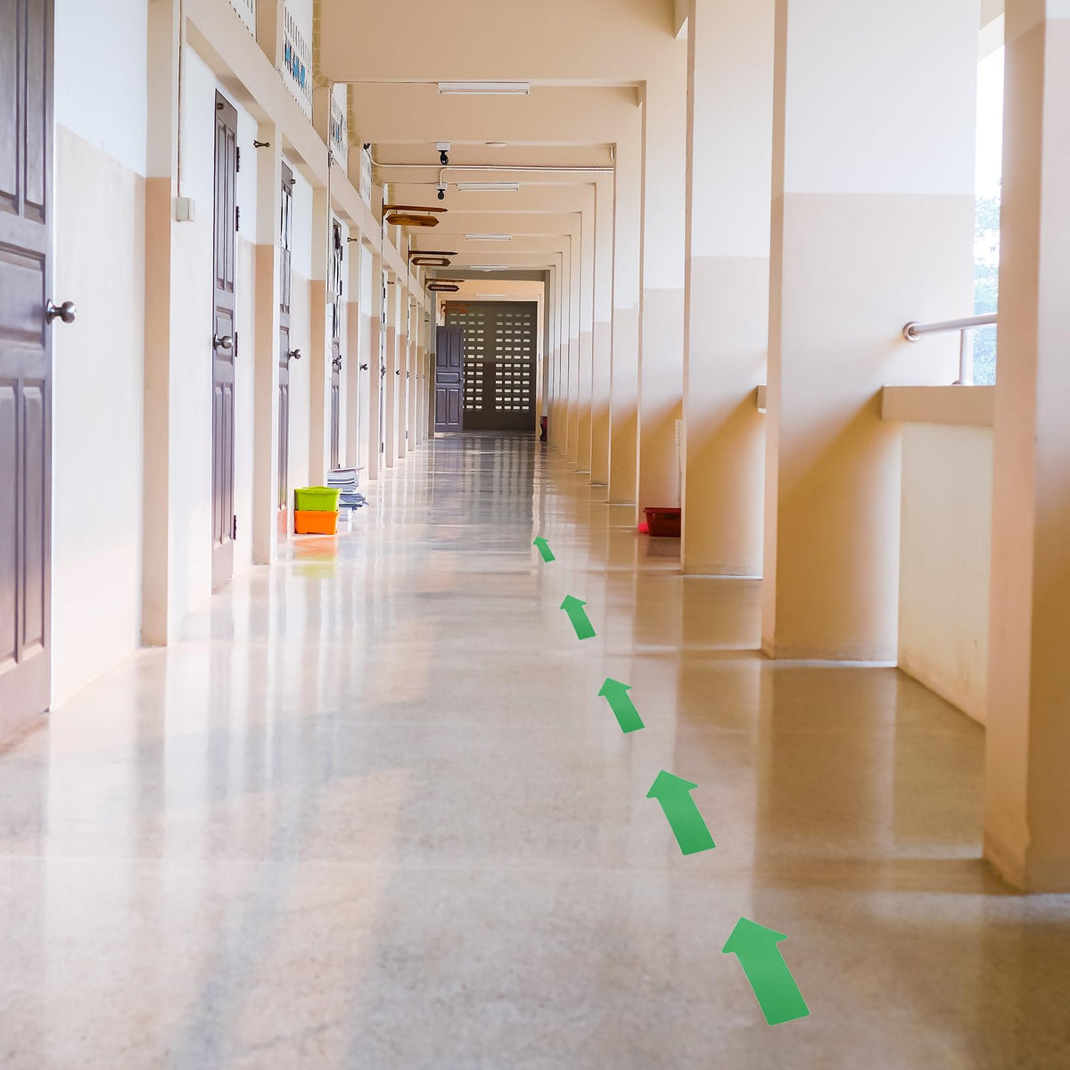 Bright green PATIKIL 200 pcs adhesive arrow floor stickers for classroom or warehouse, 3x6 inch directional floor marker decals.