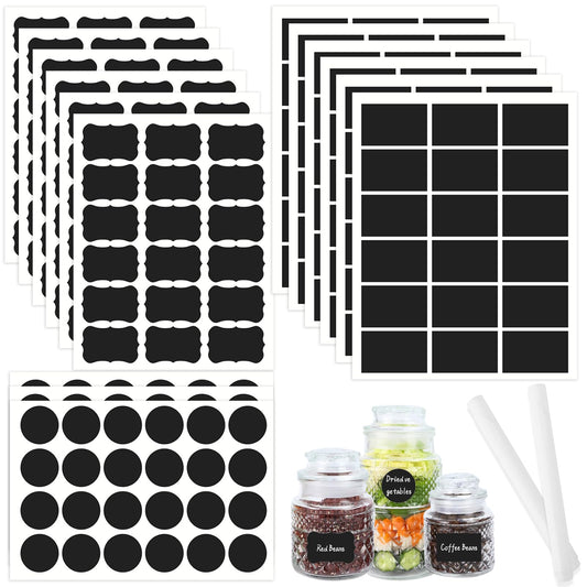 290 pcs Chalkboard Labels,Removable Blackboard Label Stickers,3 Assorted Shapes,with 2 White Chalk Marker,Erasable Reusable Waterproof Label for Storage Bin,Food Container,Mason Jars,Jars