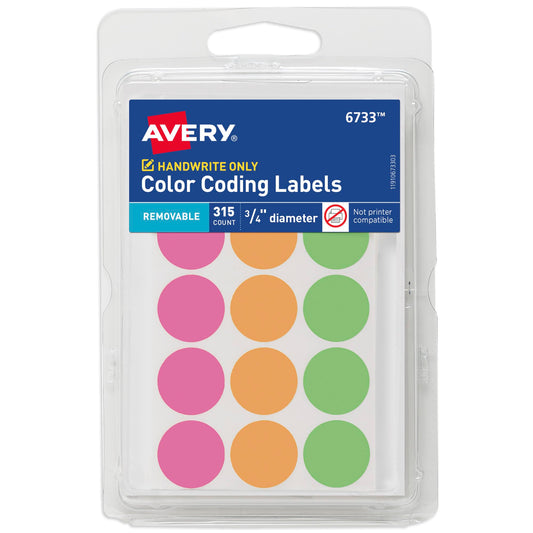 Avery Color-Coding Removable Labels, 3/4 Inch Round Labels, Assorted Neon Colors, Non-Printable, 315 Dot Stickers Total (6733) 1 Pack