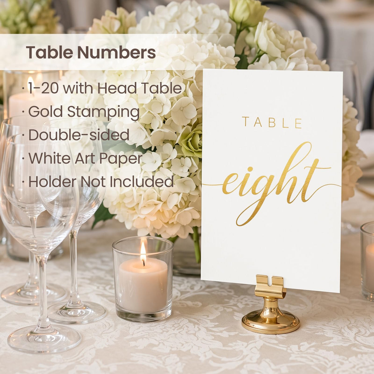 Elegant Gold Wedding Table Numbers 1-20 with Head Table, White Art Paper