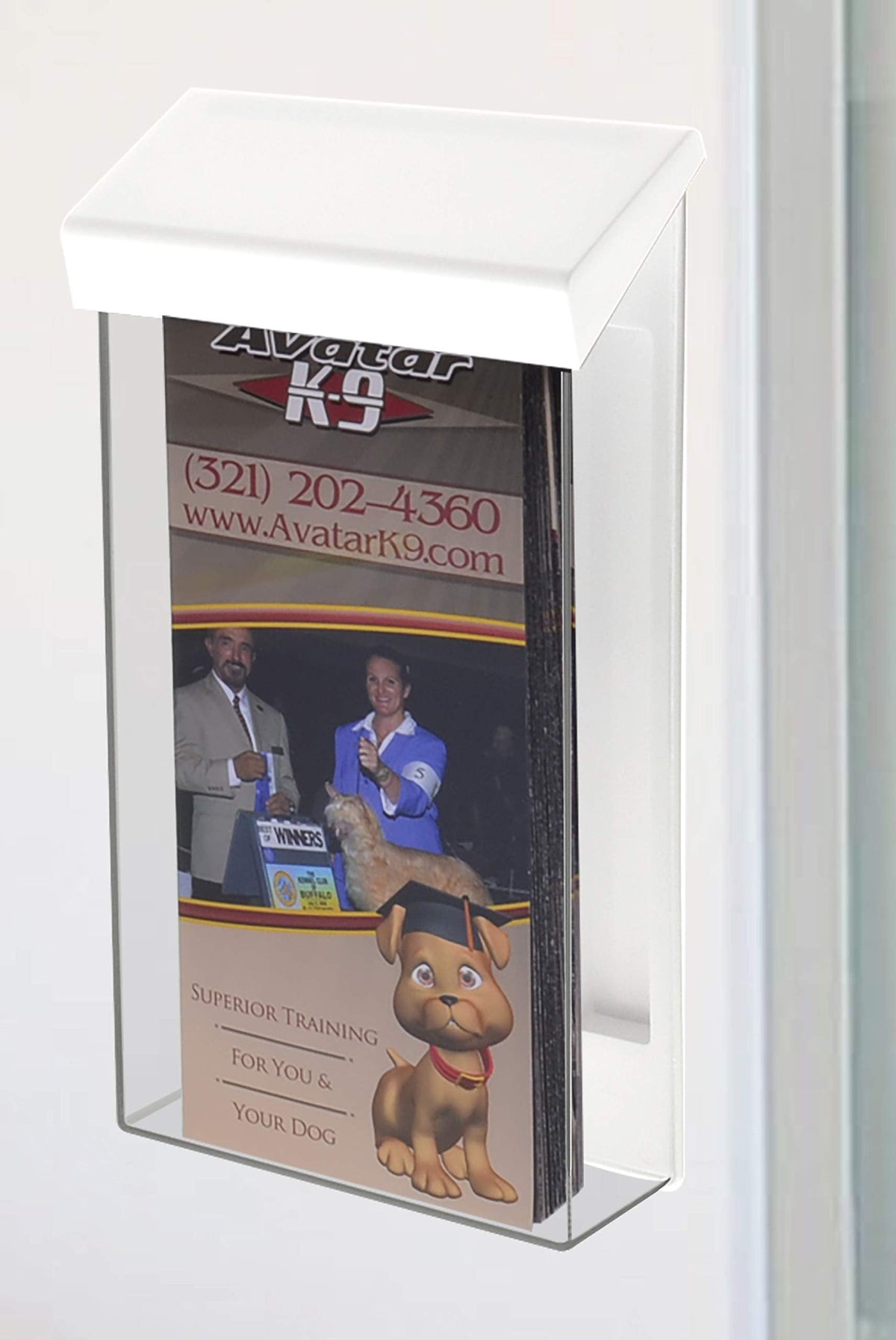 Marketing Holders Outdoor Brochure Holder Box Clear with White Lid Holds 4" x 9" Trifolds Real Estate Sheets Pamphlets Menus for Sign Store Front Display Take One Caddy 1 4"W x 9"H Clear with White Lid