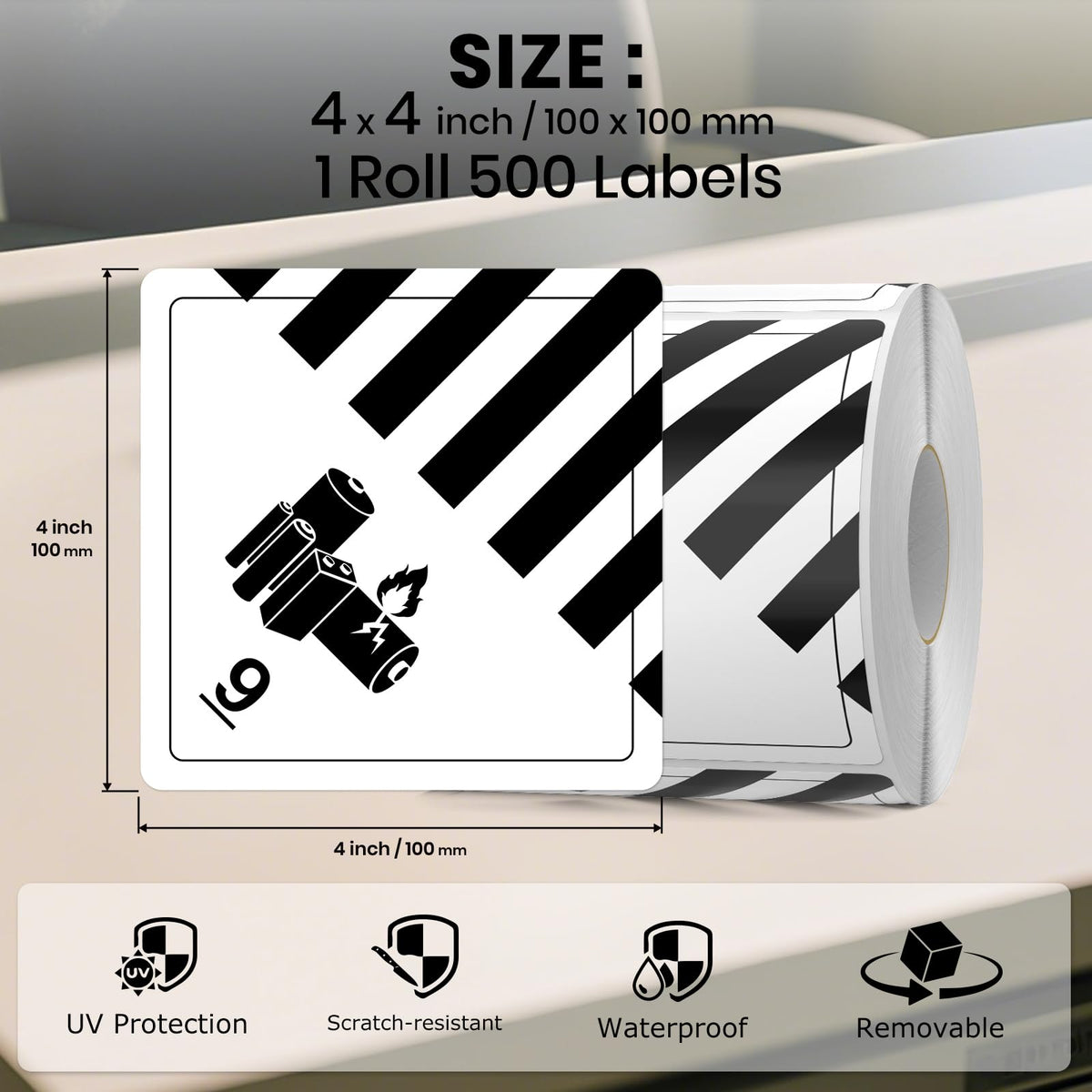 4 x 4 Inches Class 9 Hazard Lithium Battery Labels 500 PCS Waterproof Warning Stickers Battery Transport Safety Labels