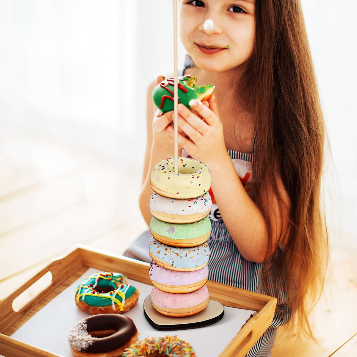 BESTYASH Wooden Donut Display Stand 15 Bases and 15 Rods Dessert Table
