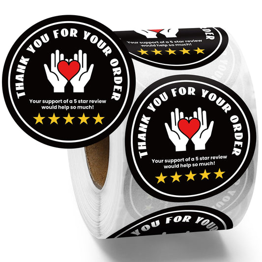Fulmoon 500 Pcs 2 Inch Thank You for Your Order Stickers 5 Star Review Delivery Labels Freshness Food Delivery Accessories 5 Star Rating Reminder for Shopper Grocery Takeout Driver (Black) Black