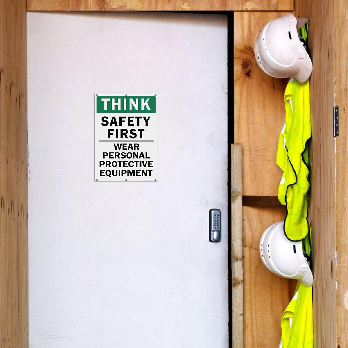 T&R Large Think Safety First Sign Wear Personal Protective Equipment - 2 Pack - 14 x 10 Inches Rust Free .040 Aluminum Reflective - UV Protected, Waterproof and Fade Resistant - 6 Pre-drilled Holes 2 Pack - Think Safety First