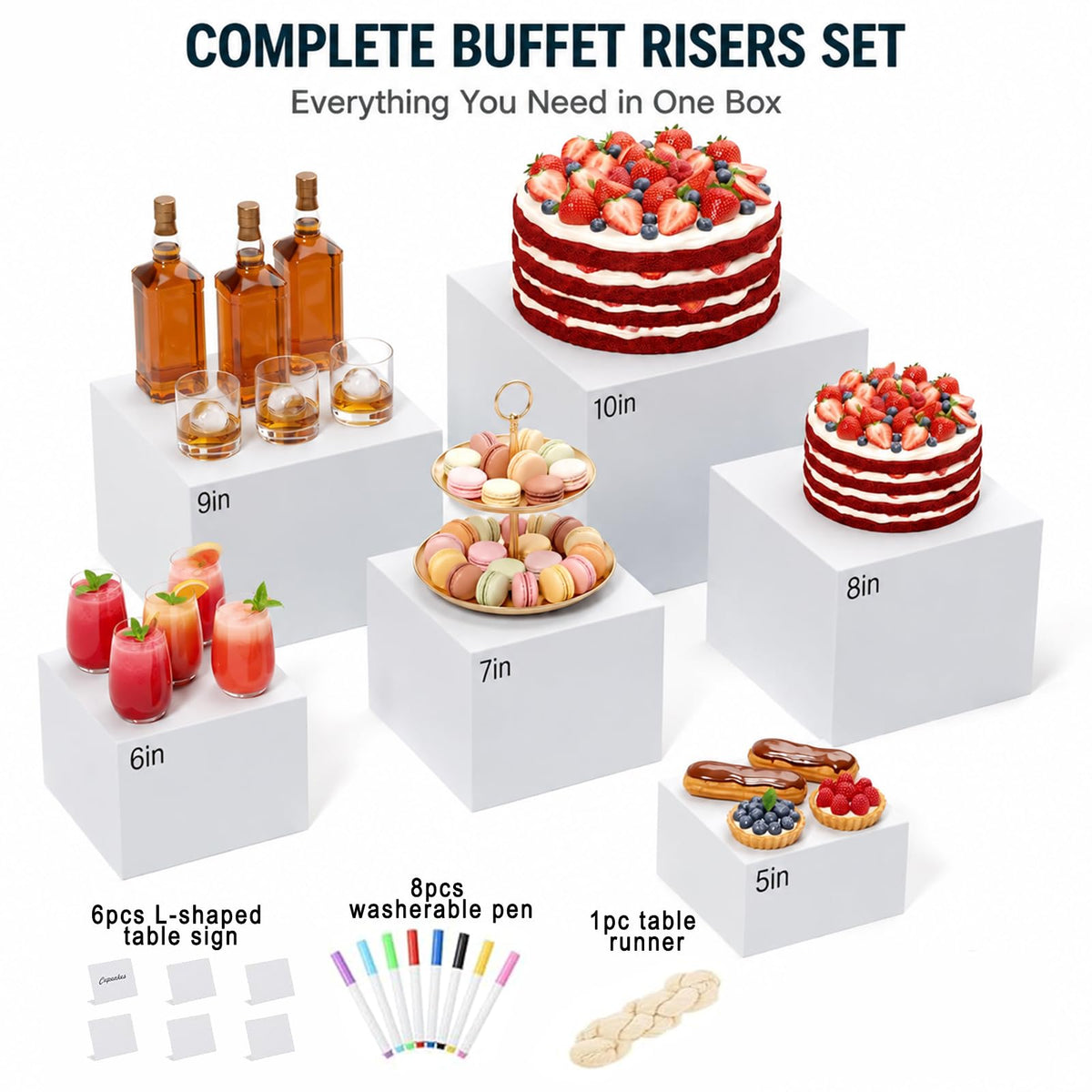 6 PCS Buffet Risers with Table Runner, Food Display Risers for Buffet Table White 3'',4'',5'',6'',7'',8''