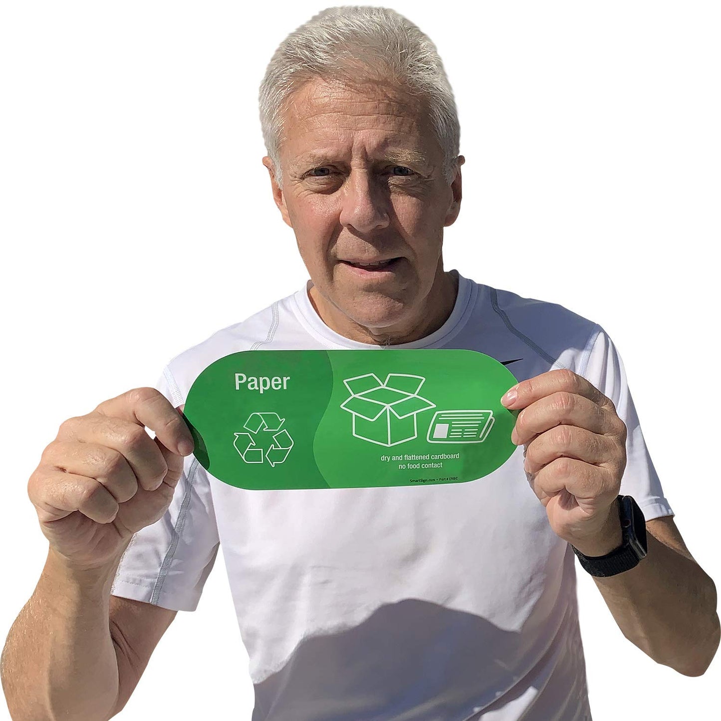 SmartSign (Pack of 4) 3.75 x 9 inch “Paper - Dry and Flattened, No Food Contact” Recycling Sticker Labels with Symbols, 5 mil Laminated Polyester with SuperStick Adhesive, Green and White 3.75" X 9"_paper