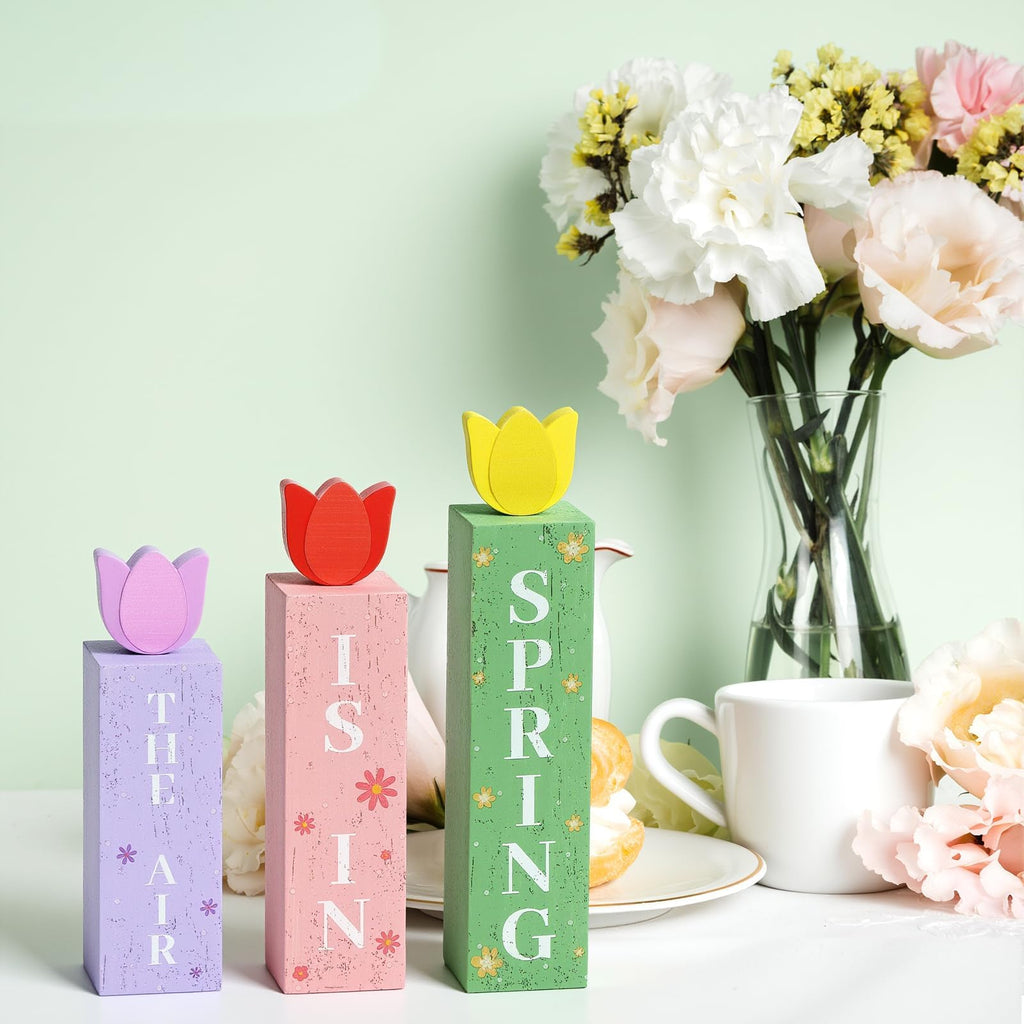 3 Pcs Spring Tulips Wood Table Decor Tulip Flower Block Signs Hello Spring Flowers Table Centerpieces Tulips Spring Holiday Decoration for Home Kitchen Office Desk Easter Decor Spring Tulip