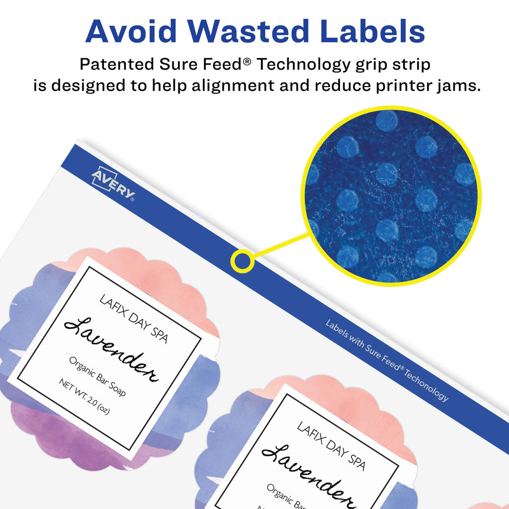 Avery® Glossy Clear Round Scalloped Labels, Sure Feed® Technology, 2.5" Diameter, 225 Glossy Clear Labels, Print-to-The-Edge, Laser/Inkjet Printable 225 labels