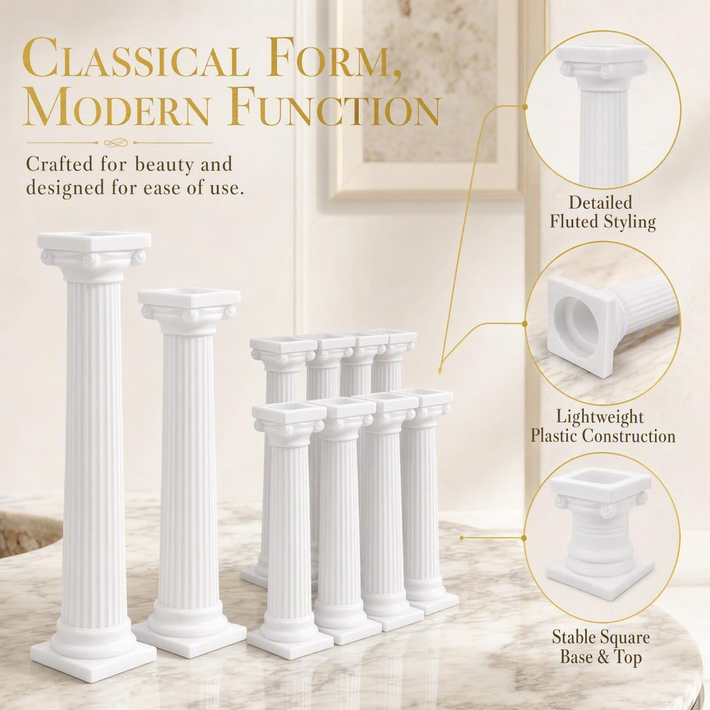 DECHOUS Roman Column Cake Pillars, White Plastic, 8 Pack