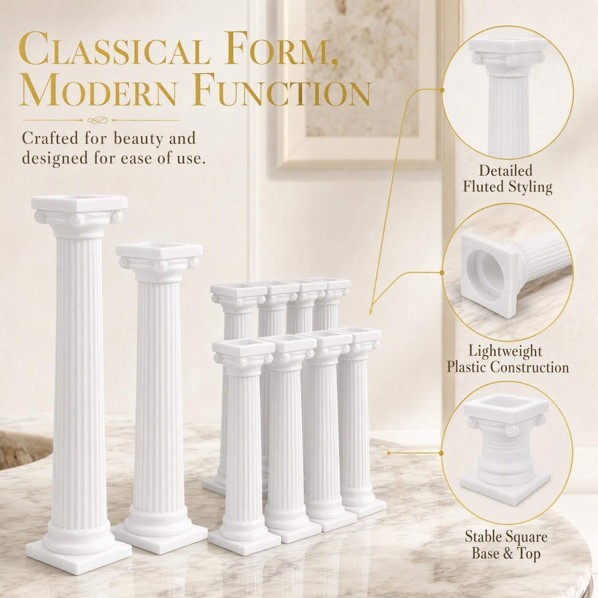 DECHOUS Roman Column Cake Pillars, White Plastic, 8 Pack