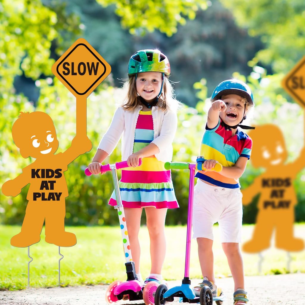 4 Pack Slow Down Kids at Play Signs for Street 16 x 12 Inches Double Sided Children Playing Safety Sign with Metal Stake Neighborhood Street Caution Yard Signs Orange 4