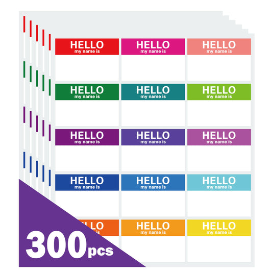 300 Pcs 3"x2" Name Tags Rainbow Sticker, Waterproof Stickers Name Tags,Hello My Name is Stickers 15 Color, for School Office Home