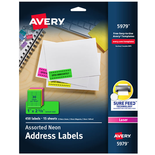 Avery Printable Address Labels with Sure Feed, 1" x 2-5/8", Assorted Neon (Magenta, Green and Yellow), 450 Blank Mailing Labels for Laser and Inkjet Printers (5979) 1 in. X 2-5/8 in. 450 labels