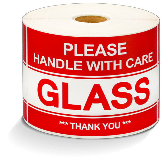 Aegis Adhesives - 3" X 5" Glass - Please Handle with Care - Thank You, Warning Shipping Labels (1 Roll, 500 Stickers Total) Red (Glass)