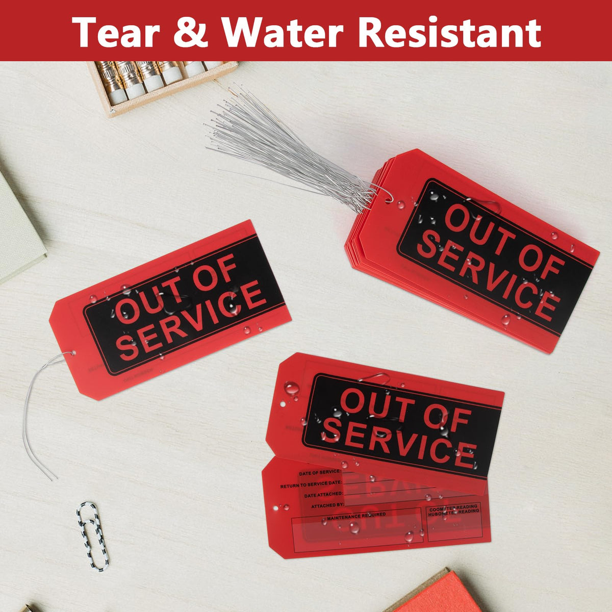 Out of Service Tags,100-pk Red Repair Tags with Wires Attached,Tear & Water Resistant PVC-Plastic,Maintenance Repair Tags,Weather Proof