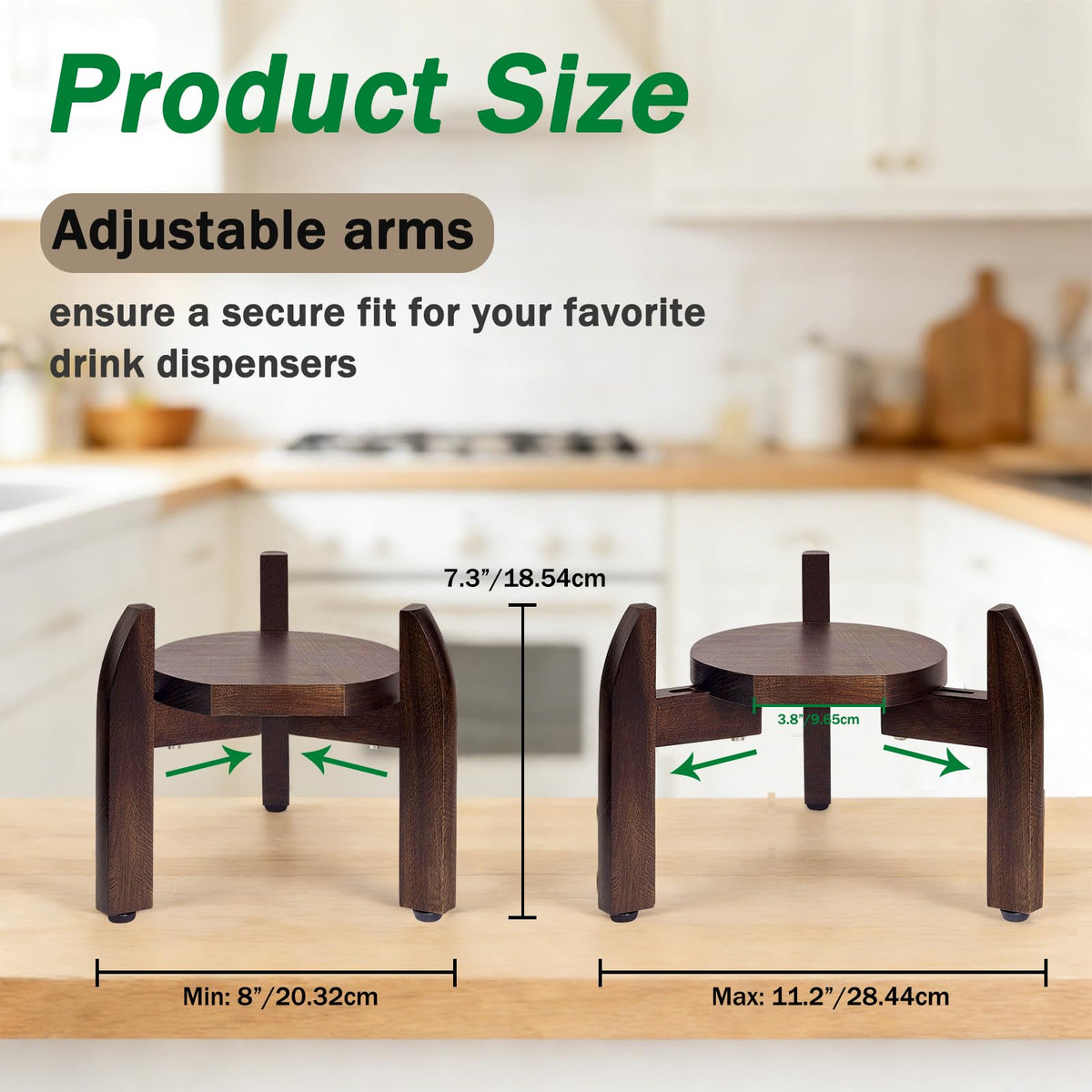 Adjustable Drink Dispenser Stand – Solid Wood Base Fits 8” to 11.2” Wide Containers, Heavy Duty 45 lbs Capacity for 5 Gallon Water Jug, Beverage Server, Flower Pot, Vase, Fish Bowl – Rustic Countertop Stand for Kitchen, Bar, Party
