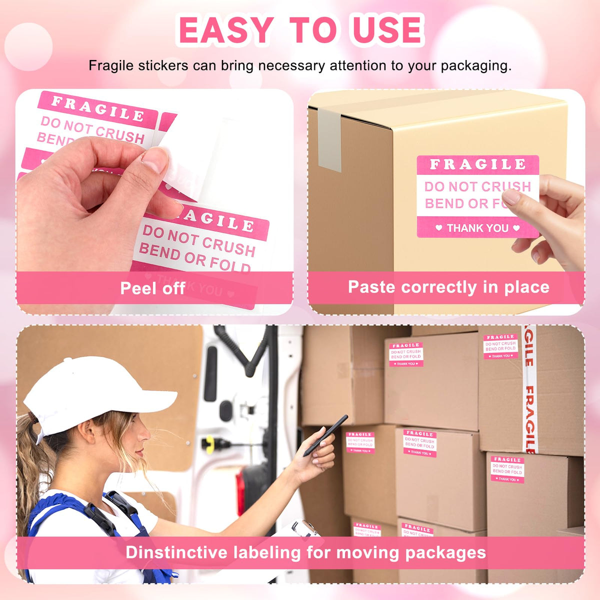 2"x3" 100PCS Pink Fragile Reminder Labels Stickers, Do Not Crush Bend or Fold Warning Labels, Shipping Mailing Cartons Envelops Adhesive Labels, for Glass Products, Ceramic, Digital Products