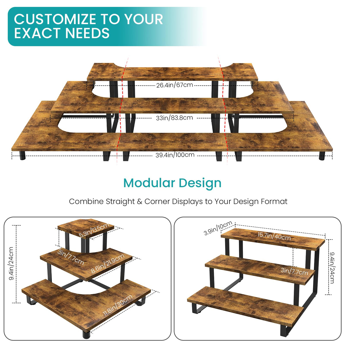 ELITEROO Wooden Display Stand Set, Portable 3 Tier Shelves Stair Step Shelf Risers Stands for Retail Tabletop, Countertop, Craft Shows, Farmers Market, Tradeshows, Vendors (1 Straight + 2 Corner)