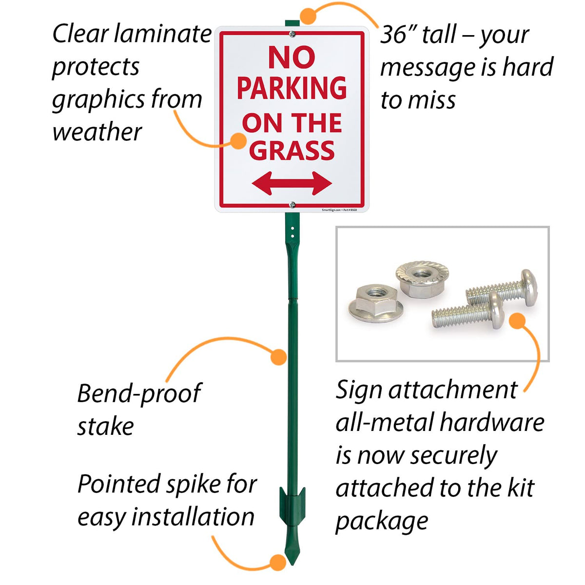 SmartSign 12 x 10 inch “No Parking On The Grass” Arrow Yard Sign with 3 foot Stake, 40 mil Laminated Rustproof Aluminum, Red and White, Set of 1