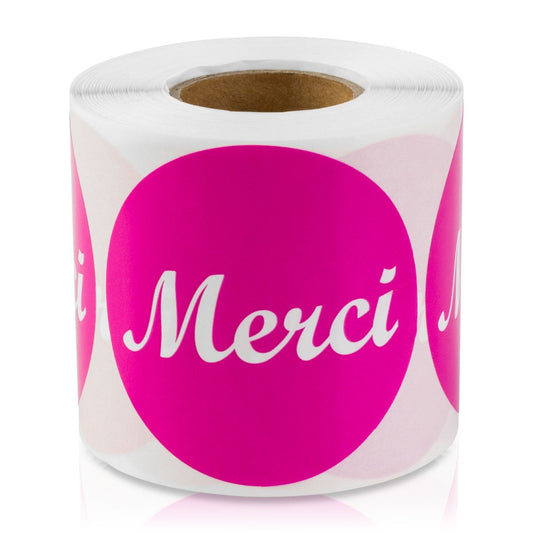 Merci, French Thank You Stickers (2 inch, Round, Pink - 300 Labels) French Thank You Labels for Envelope Seals, Online Boutiques, Birthdays, Baby Showers or Bridal Weddings