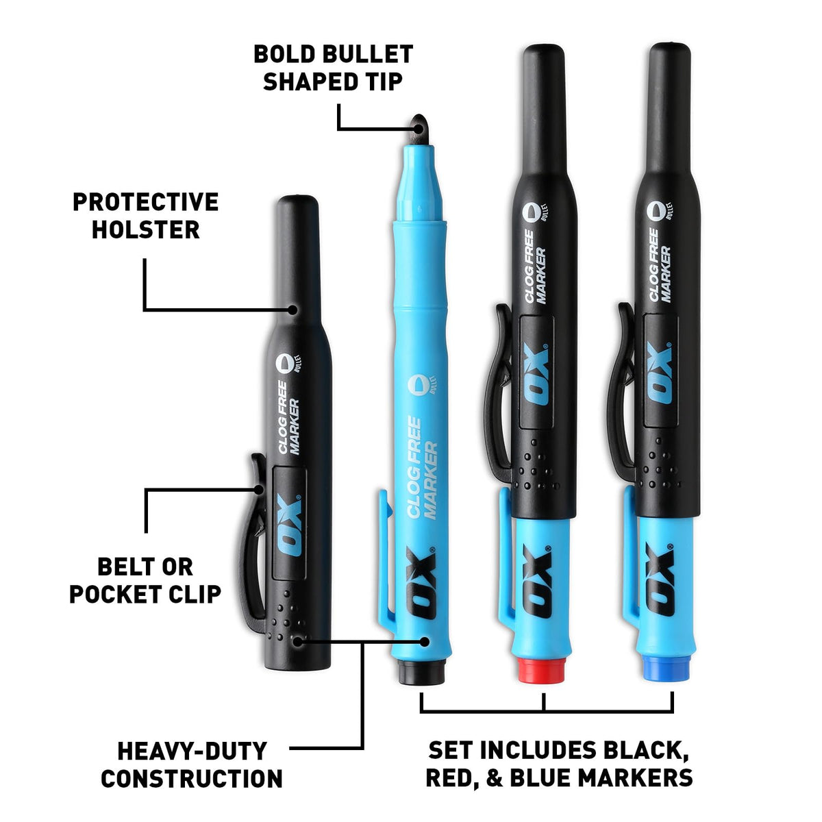 OX Clog Free Permanent Markers, 3 Pack Bullet Tip Construction Markers Set 3 Pack Black, Red, & Blue