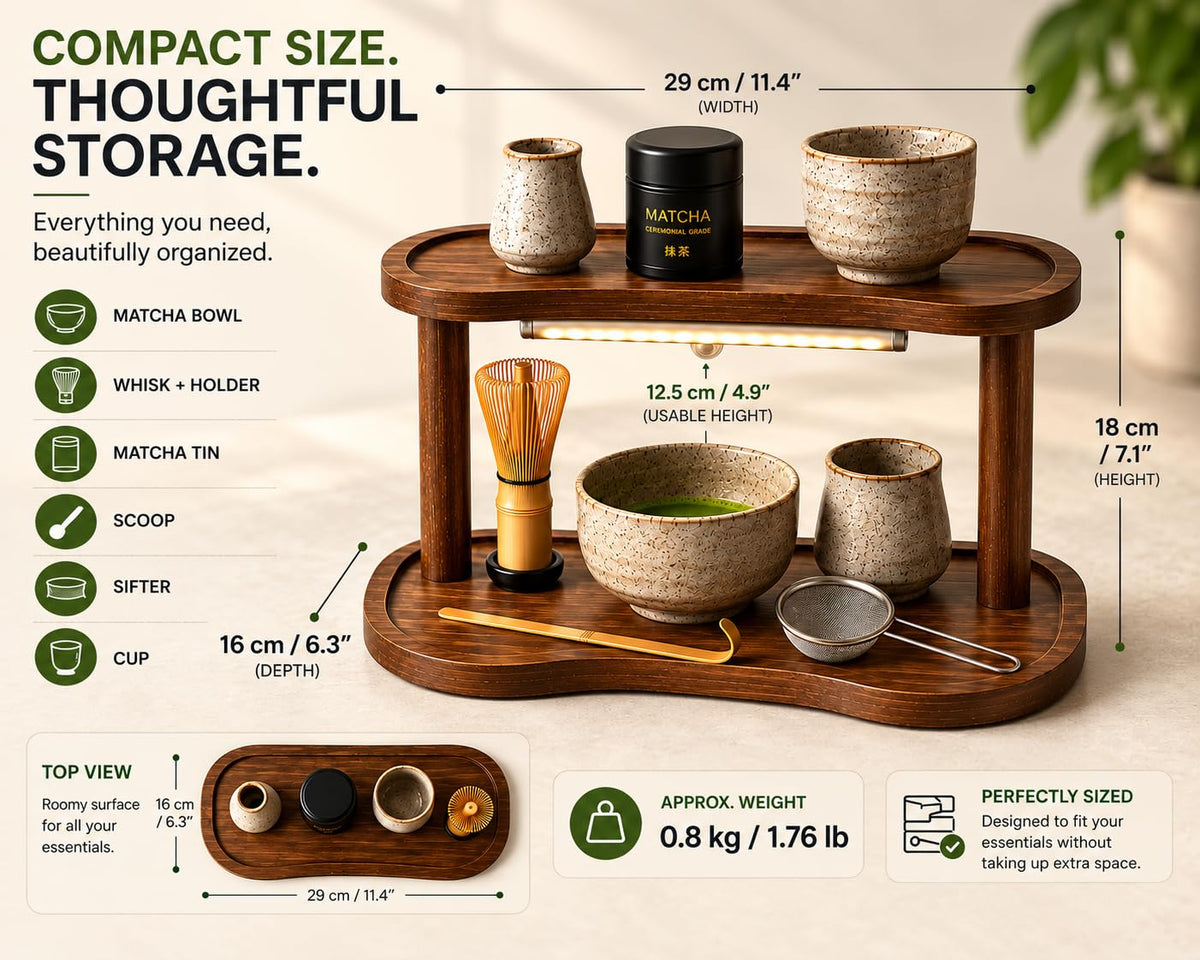 Matcha Station Organizer with Motion Sensor LED Light, 2-Tier Bamboo Matcha Stand Shelf, Countertop Coffee & Tea Station Organizer