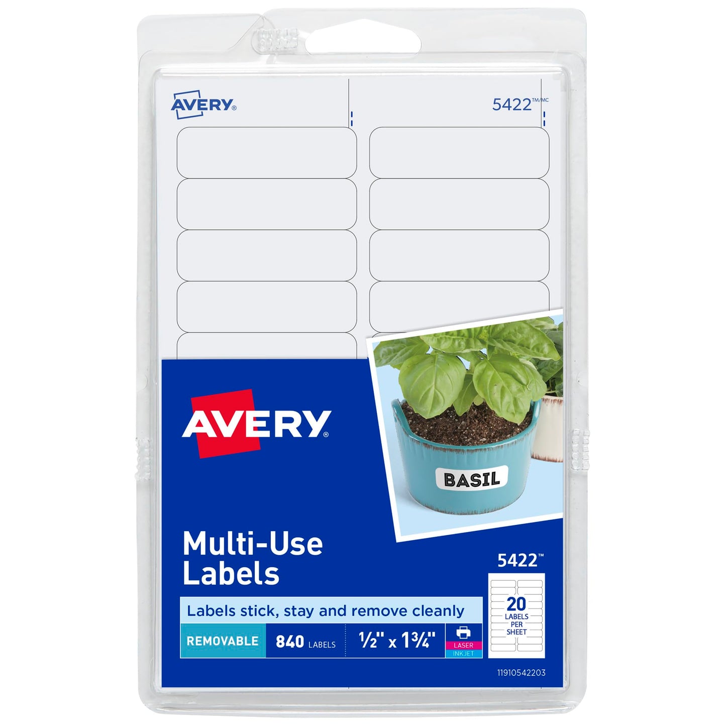 Avery Self-Adhesive Removable Labels, 0.5 x 1.75 Inches, 840 Per Pack, White Label Stickers (05422) 1/2" x 1 3/4"