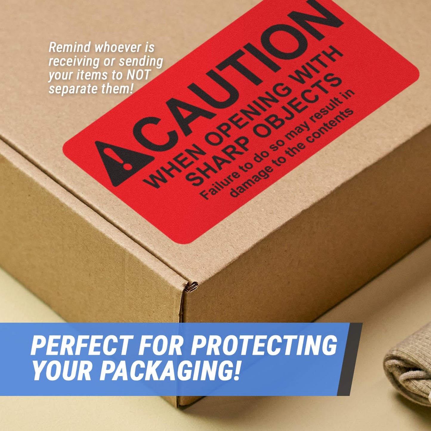 Caution When Opening with Sharp Object Labels (4 x 2 inch, Red - 300 Labels) International Instruction Warning Labels with Strong Adhesive