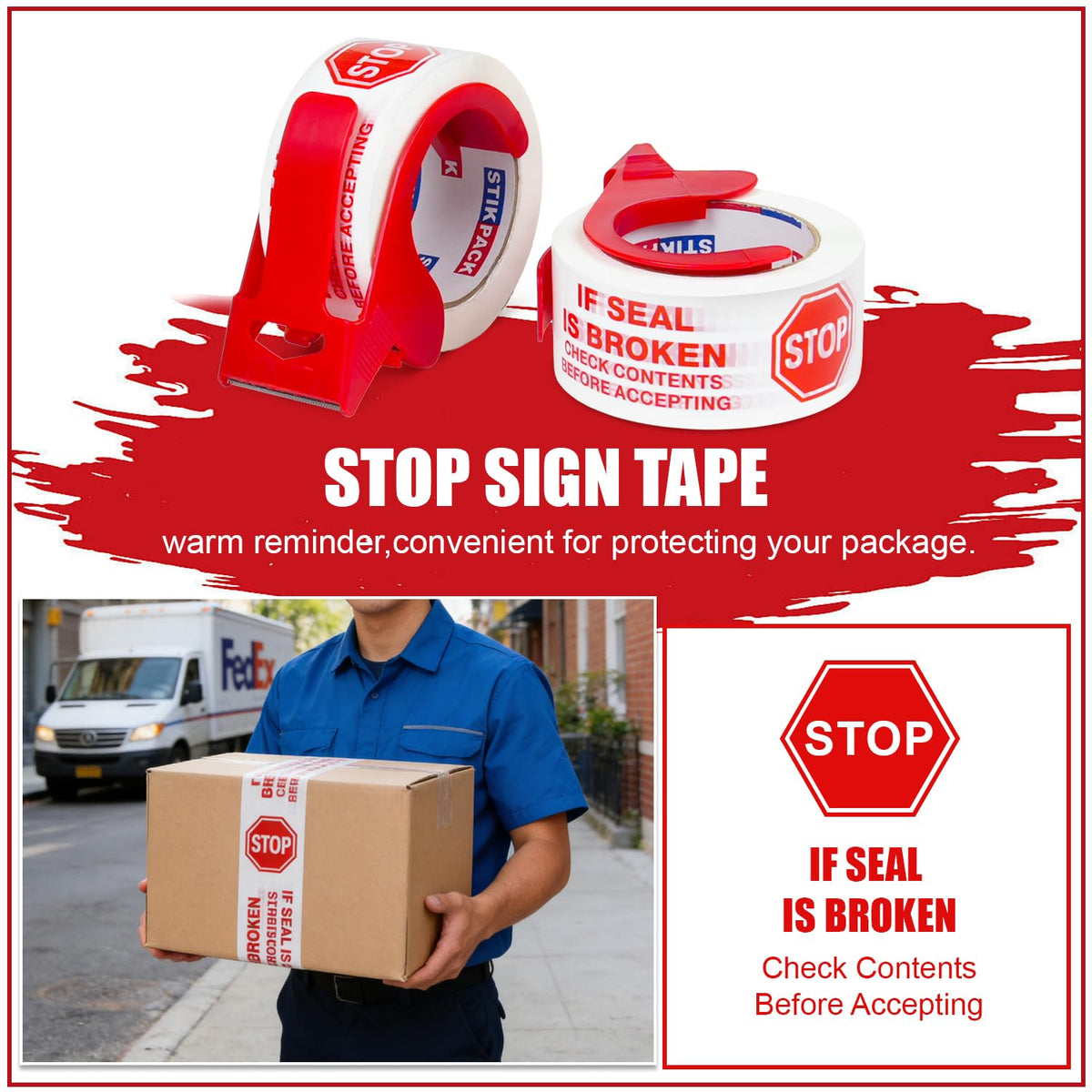 2 Pack Stop Sign Sealing Tape Pre-Printed IF Seal is Broken Check Contents Before Accepting Heavy Duty Packing Tape with Dispenser 2 Inch x 110 Yards, Total 220Y for Moving and Shipping