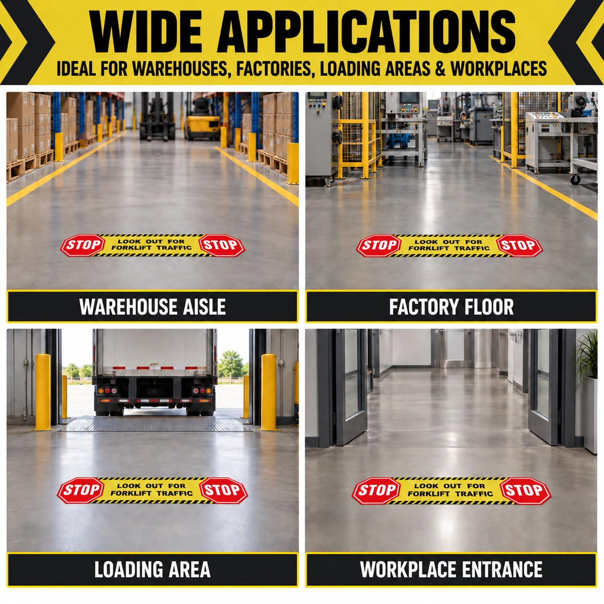 5 Pack Stop Look Out for Forklift Traffic Stickers 24 × 6 Inches 5 Pack
