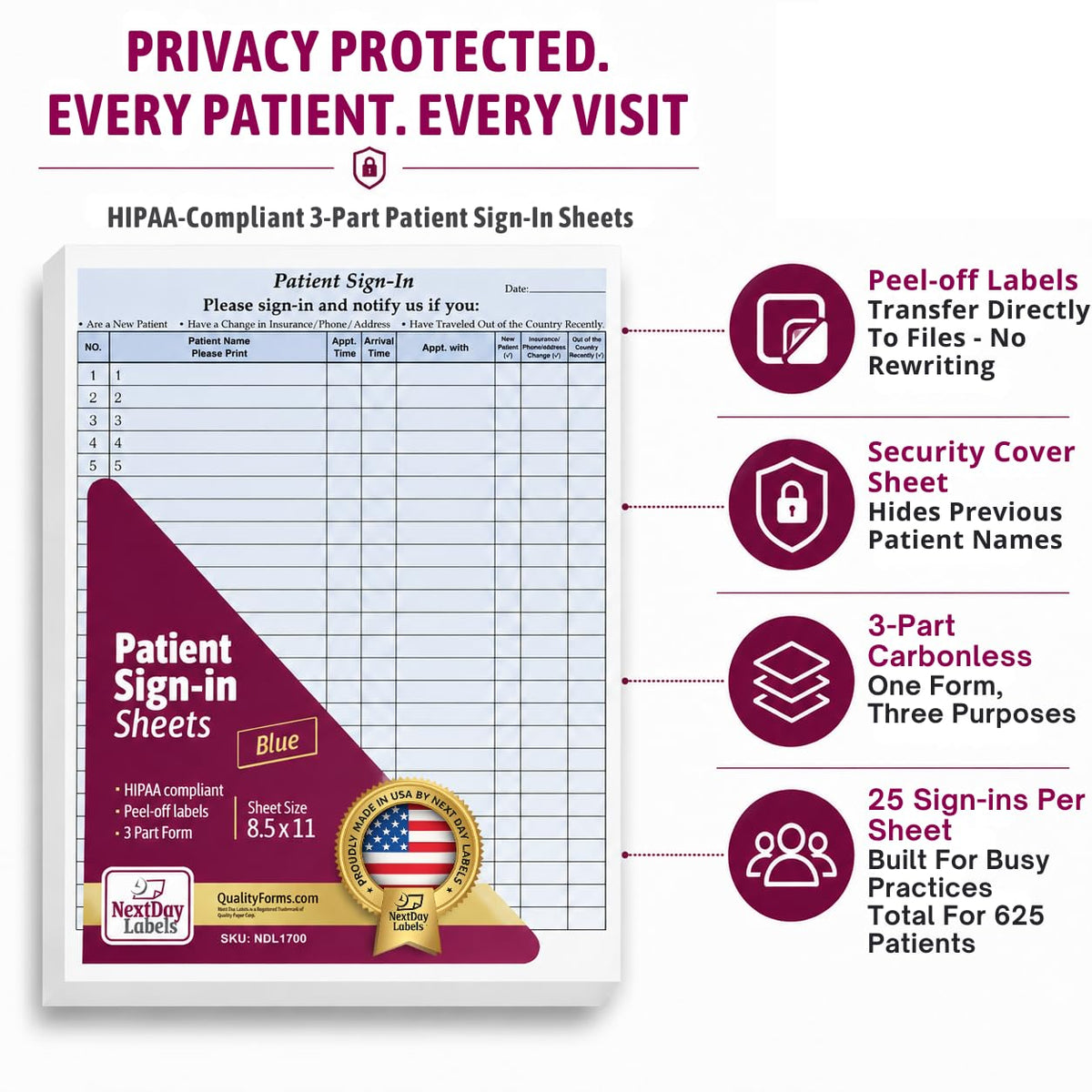 NextDayLabels Patient Sign-in Sheets, 3-Part, Made in USA, Blue, 25 Sets