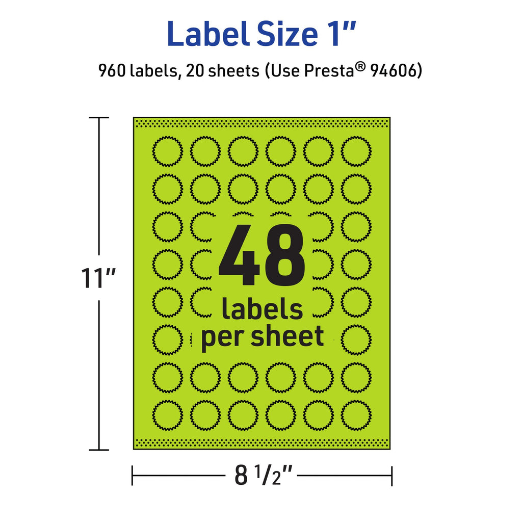 Avery Printable Starburst Labels, Sure Feed Technology, 1", Bright Green Labels, Print-to-the-Edge, Laser/Inkjet, 960 Total, Great for Mailing Seals and Planner Stickers 960 labels