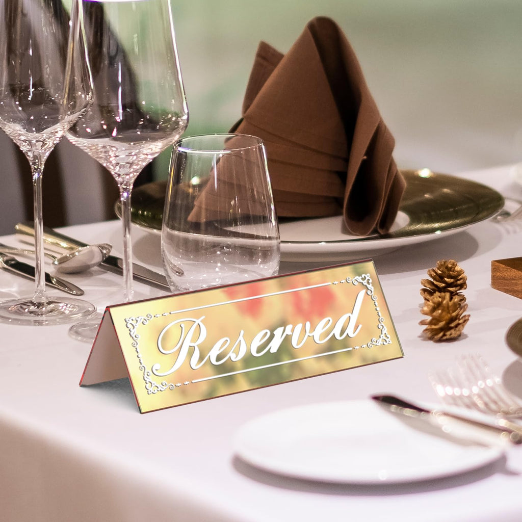 12 PCS 6"x2" Gold Mirror Reserved Table Signs, Double-Sided Lettering
