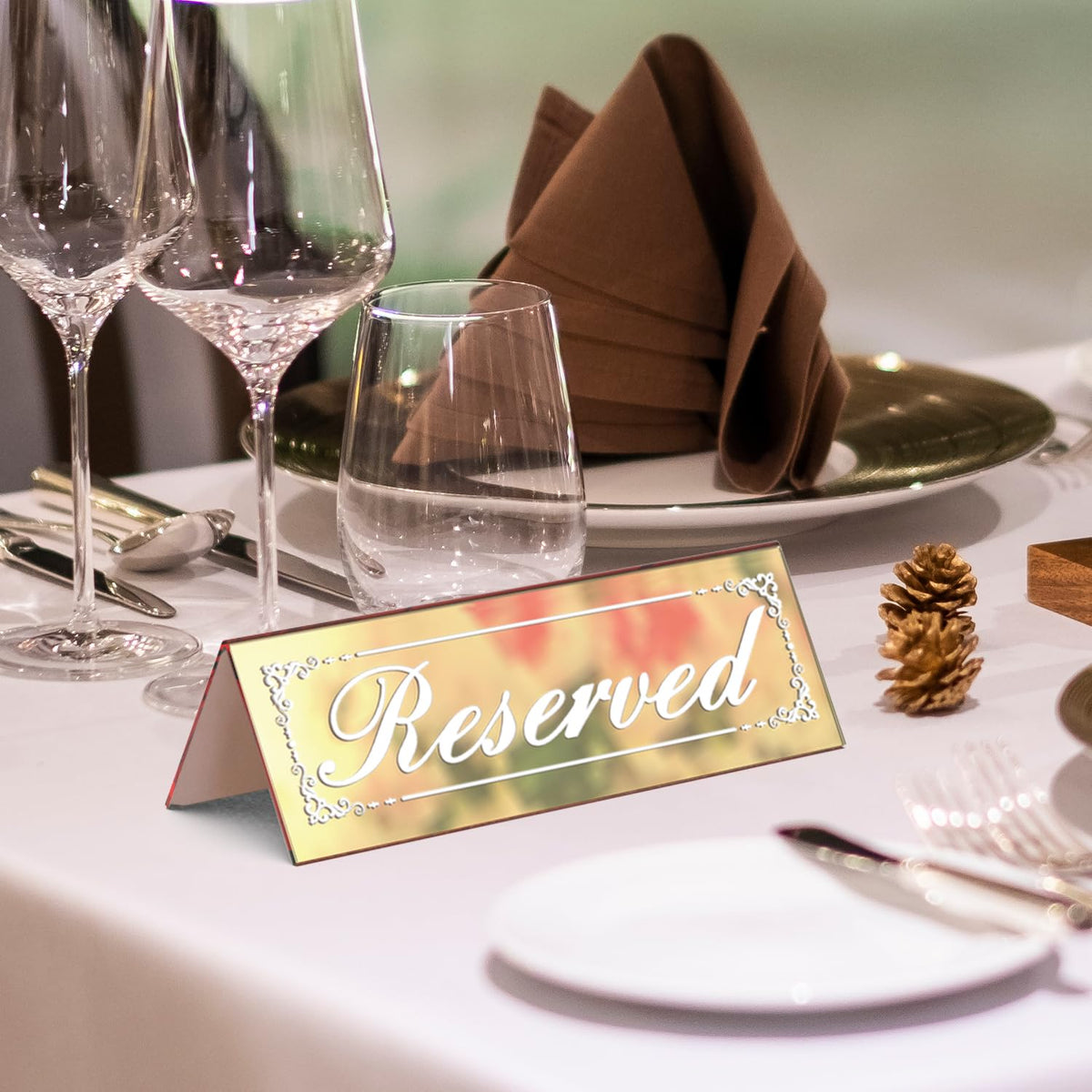 12 PCS 6"x2" Gold Mirror Reserved Table Signs, Double-Sided Lettering