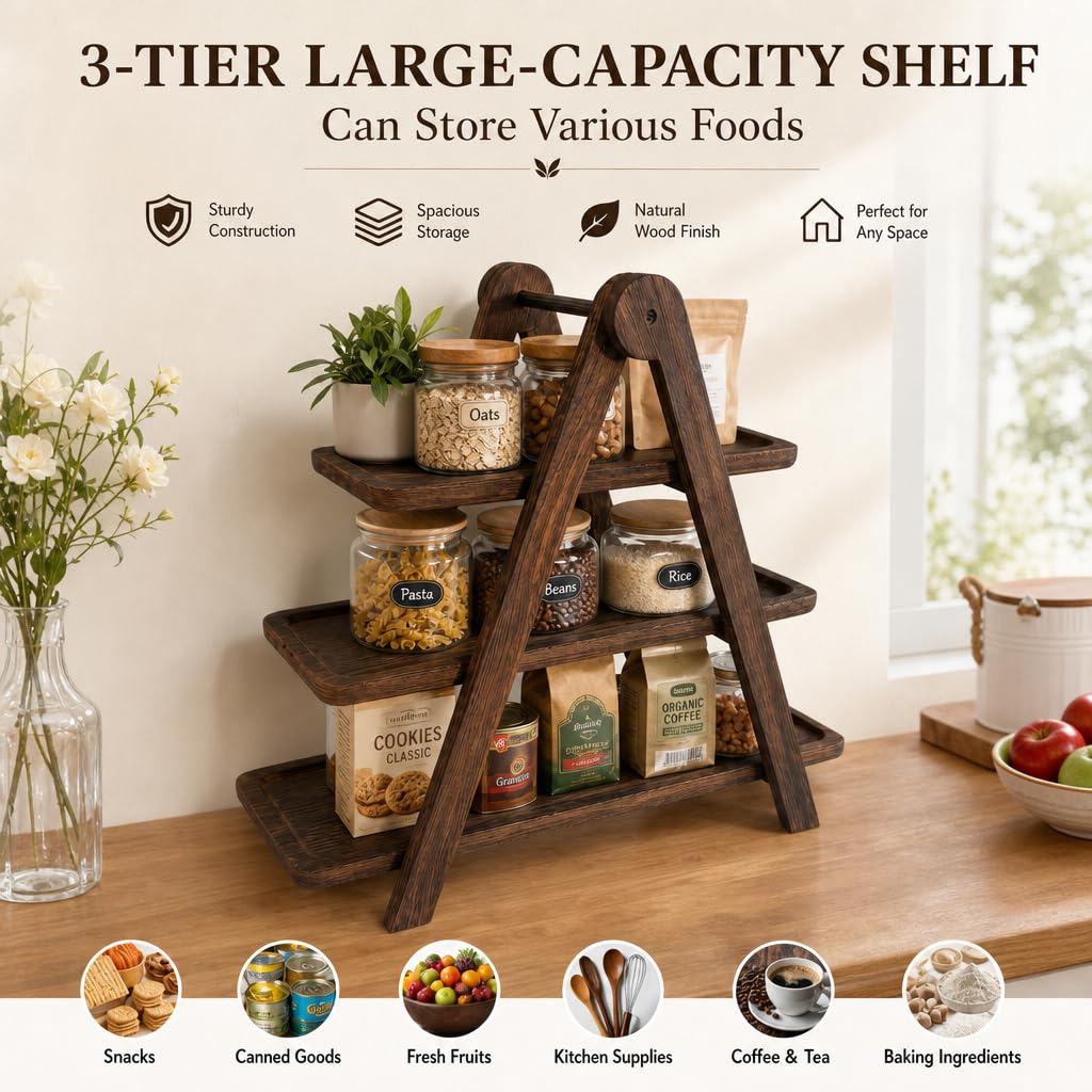 3 Tier Wooden Serving Platter，Fruit Bread Display Bowl Tray，Farmhouse Decor