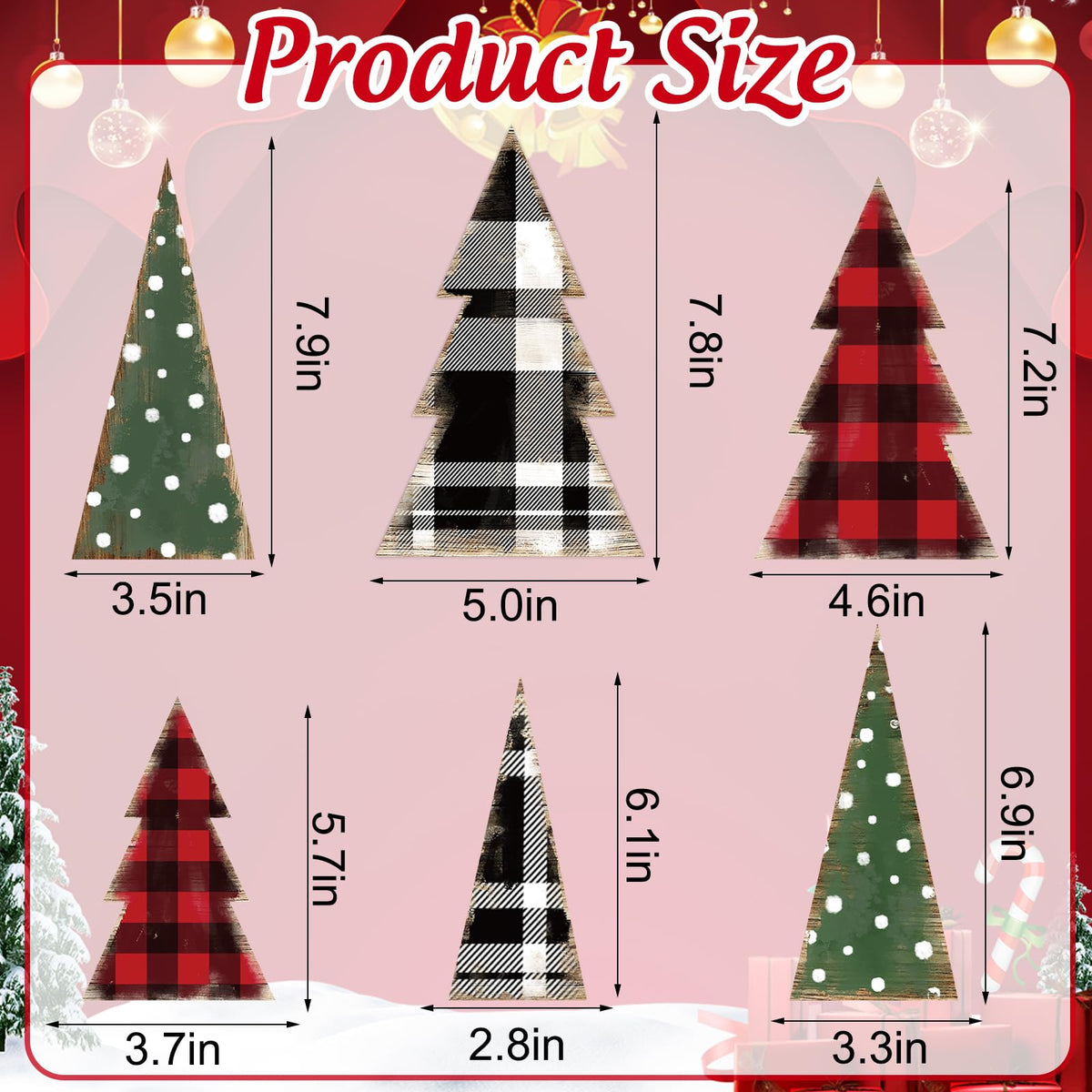 Whaline 6 Pcs Christmas Tree Wooden Signs Table Decor Buffalo Plaid Dots Xmas Wood Tabletop Signs Red Black Green Desktop Centerpieces for Holiday Home Tiered Tray Fireplace Party Decor