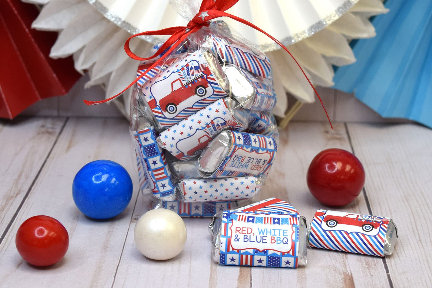 Red, White & Blue BBQ Party Mini Chocolate Candy Bar Sticker Wrappers, 45 1.4" x 2.6" Wrap Around Labels by Amanda Creation, Great for Party Favors
