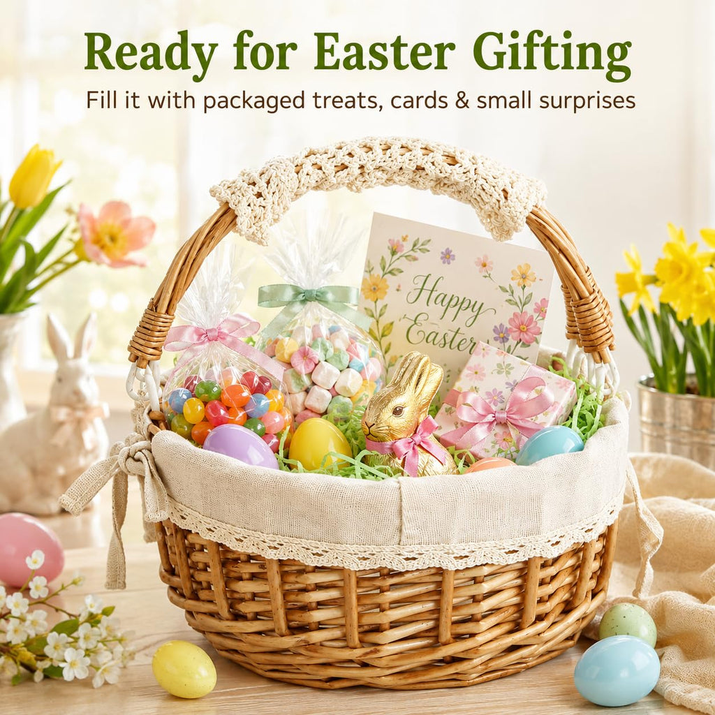 10.2-Inch Empty Round Wicker Easter Basket with Fabric Liner