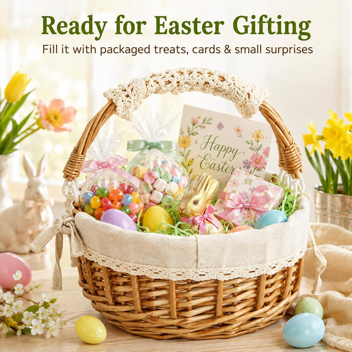 10.2-Inch Empty Round Wicker Easter Basket with Fabric Liner