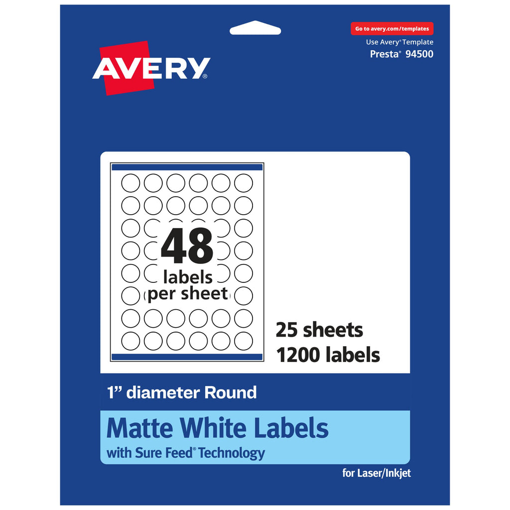 Avery Matte White Square & Round Labels, 1" x 1" & 1" Diameter, 1,200 Printable Labels