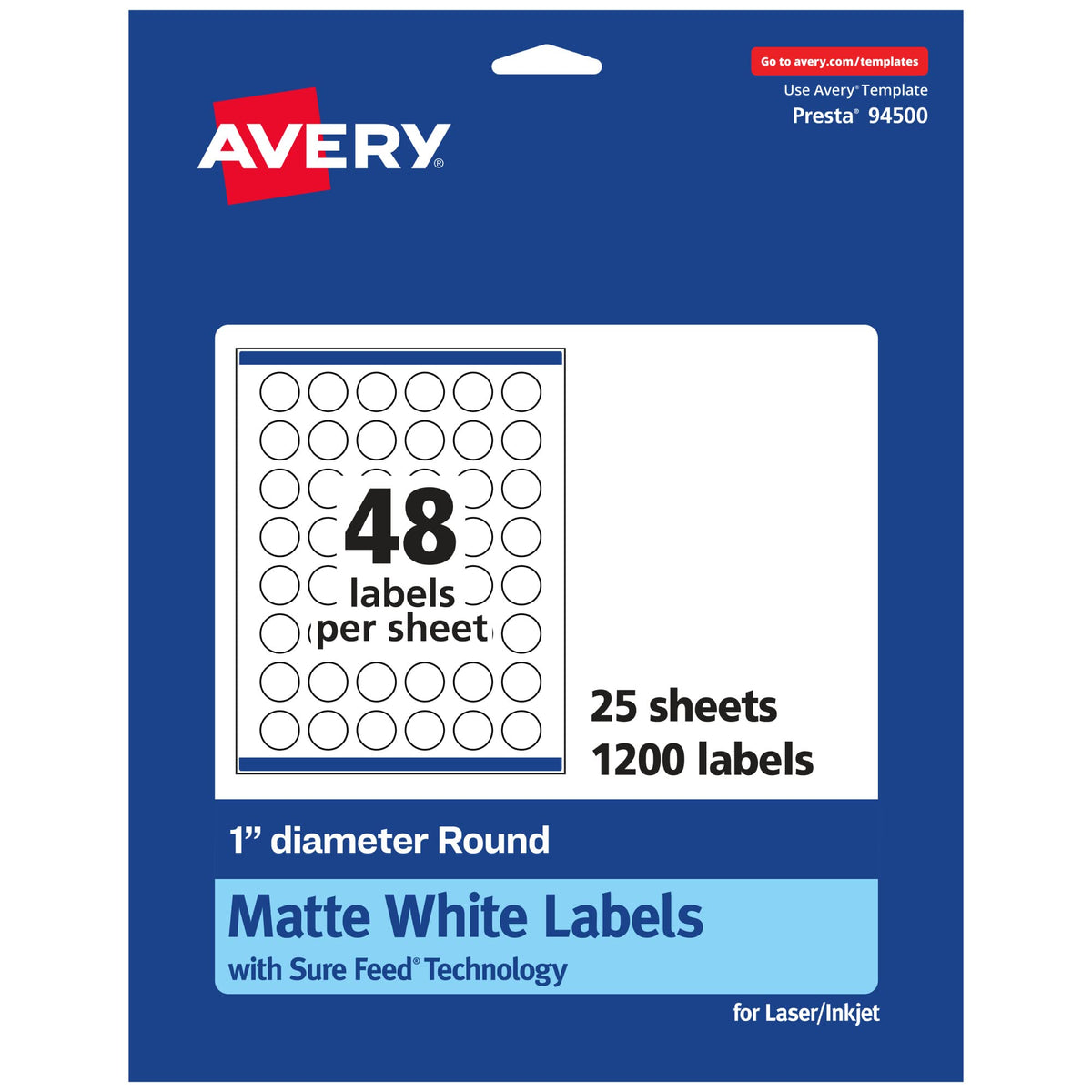 Avery Matte White Square & Round Labels, 1" x 1" & 1" Diameter, 1,200 Printable Labels
