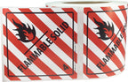 Red and white Hazard Class 4 D.O.T. flammable solid labels, 4x4 inch adhesive stickers on a roll for shipping compliance.