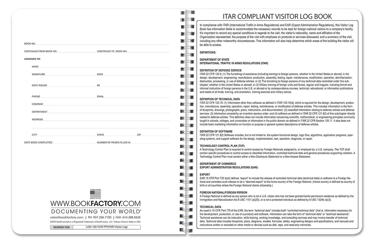 BookFactory ITAR Visitor Log Book/Visitor Register/Guest Sign-in Book - 120 Pgs, 8.5" X 11" Wire-O (Official ITAR-International Traffic in Arms Regulations) (Made in USA) ITAR Log - NEW Style
