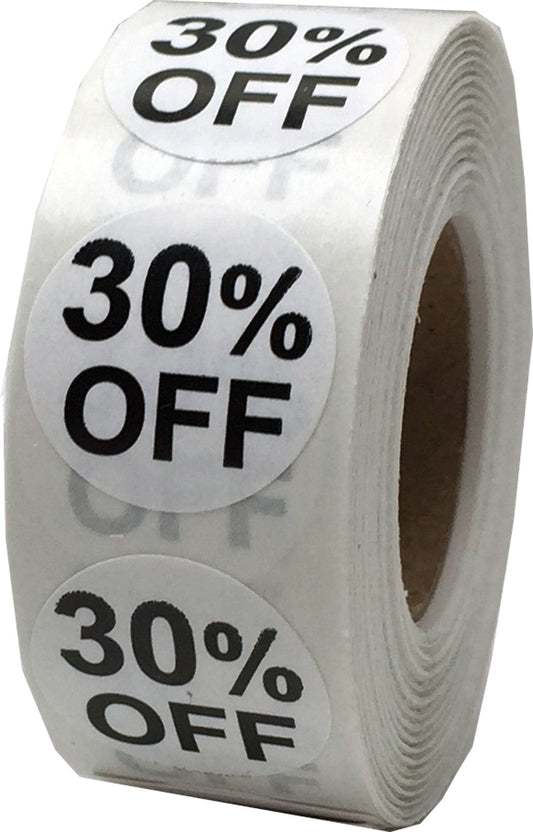 White 30% Percent Off Stickers for Retail 0.75 Inch 500 Adhesive Labels