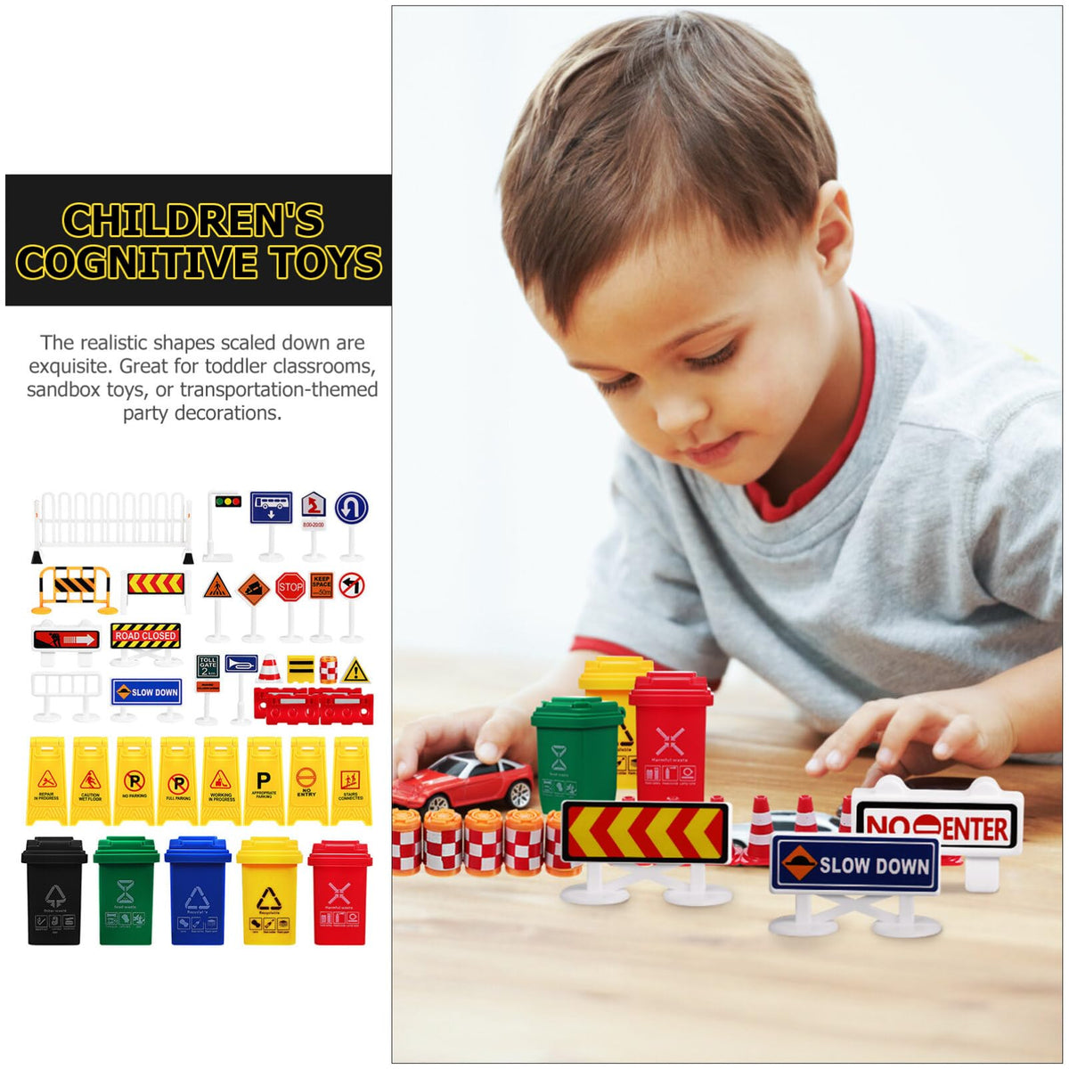 105PCS Mini Traffic Road Signs Set Mini Traffic Cones Construction Toys Miniature Trash can Light Crosswalk Signal Roadblocks Street Playset for Safety Education Plaything