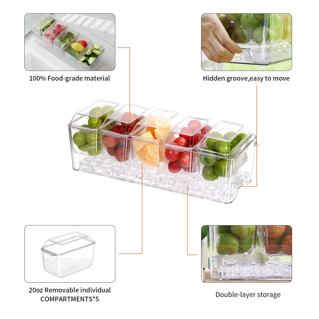 Chilled Condiment Server，Taco Bar Serving Set for Party，15.3" Condiment Serving Platters with 5 Separate Lids and Removable Compartments, Set of 5 Serving Spoons & 2 Clips (5 Containers, 1 pack) 5 Containers